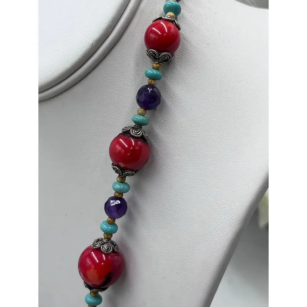 Artisan Made Coral‎ Amethyst Turquoise Sterling Silver Beaded Necklace